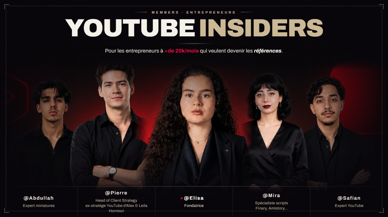 L'équipe YouTube Insiders de Vidally Studio : Abdullah expert miniatures, Pierre head of client strategy ex-stratège YouTube d'Alex et Leila Hormozi, Elisa fondatrice, Mira spécialiste scripts, Safian expert YouTube